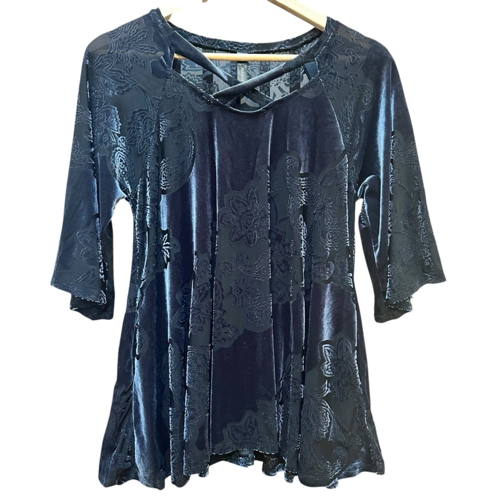 Yahada U.S.A. Top Velvet Floral Pattern Tunic Black Bell Sleeves‎ Whimsygoth LG